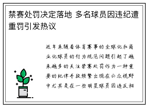 禁赛处罚决定落地 多名球员因违纪遭重罚引发热议