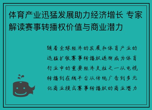 体育产业迅猛发展助力经济增长 专家解读赛事转播权价值与商业潜力